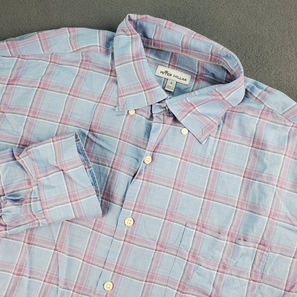 Peter Millar‎ Mens L Blue Plaid Button Down Shirt Long Sleeve Casual